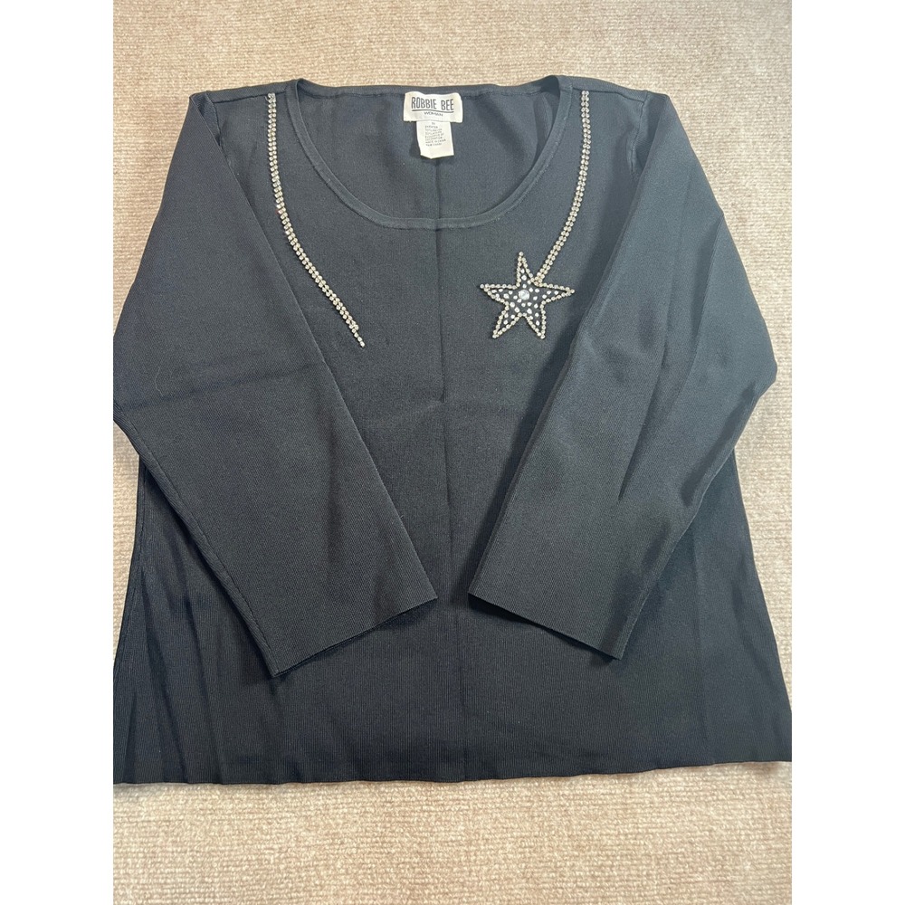 Robbie Bee Woman Black Ribbed Knit Rhinestone Star Sweater Plus 3X Scoop Neck - Picture 3 of 7